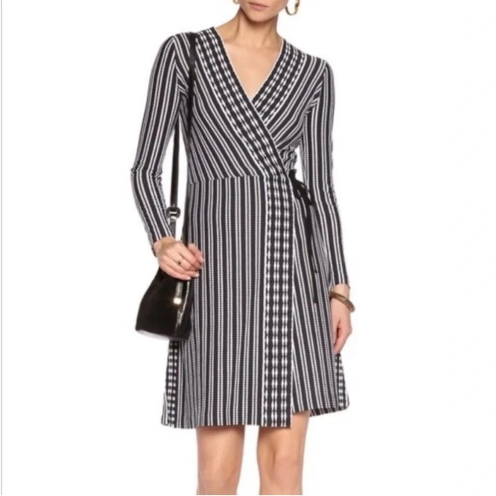 Tory Burch Navy Blue Oxford Stripe Long-Sleeve Jacquard Wrap Dress Size Small